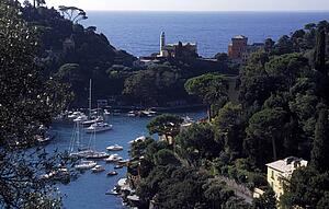 Portofino, Italy; Sailboats in an inlet, Mediterranean port