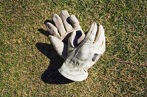 Work gloves tossed on a lawn