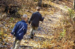 Rear view of boys hiking