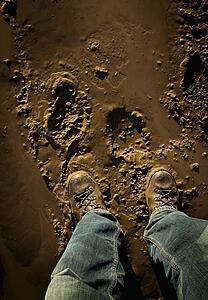 Low section of person standing in mud