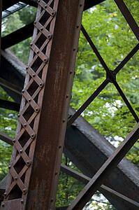 Detail of rusty bridge pylon, Bracebridge, Muskoka, Ontario, Canada