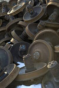 Rusted and piled up train wheels
