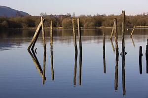 Cumbria, England; Poles of a damaged pier