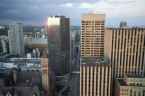 Toronto, Ontario, Canada; City view of skyscrapers and Old City Hall