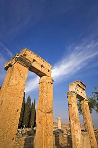 The ruins of columns and buildings on Frontinus Street in Hierapolis, Turkey