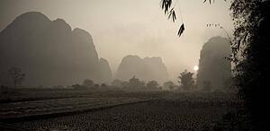 Yangshuo county, China, Asia; karst peaks and rice fields