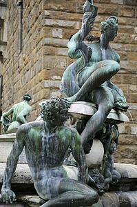 Florence, Italy; Bronze satyrs Sea nymphs on the fountain of Neptune