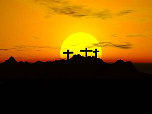 Crucifixion; Three crosses in the sunset