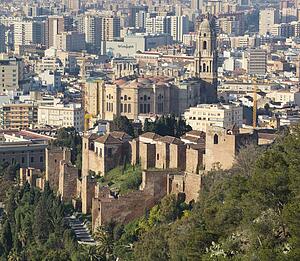 Malaga, Malaga Province, Costa del Sol, Spain; View over city, cathedral and walls of Alcazaba