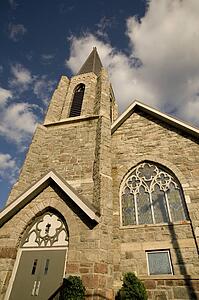 Lake of the Woods, Kenora, Ontario, Canada; Church spire rising into the air