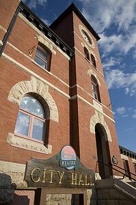 Lake of the Woods, Kenora, Ontario, Canada; Clock tower above city hall building