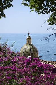Positano, Campania, Italy; The Mojolica Dome of the Santa Maria Assunta