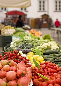 Produce Market, Ljubljana, Slovenia; Fruit and vegetable stalls displaying colorful produce