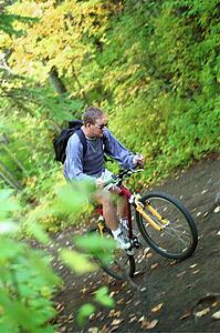 Man riding trail bike in forest