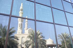 Dubai, Jumeirah Mosque Reflected In Modern Office