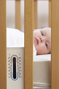 Newborn Baby In Cot With Thermometer