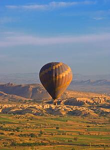Hot air balloon over Goreme valley, Cappadocia, Anatolia, Turkey