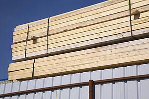 Stacks of tied lumber; Laval, Quebec, Canada