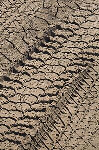 Tire tracks in dried and cracked mud; Laval, Quebec, Canada