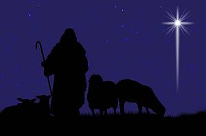 Silhouette of shepherd and sheep with a bright star in the sky