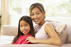 Mother And Daughter Relaxing On Sofa At Home