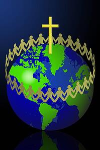 Paper men circling around the globe