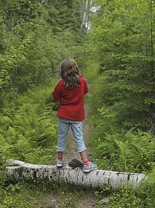 Young girl standing on log, Lake of the Woods, Ontario, Canada