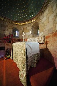Covered table at the altar of a church