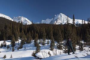 Man on snowshoes in snow covered meadow