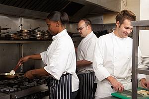 Team Of Chefs Preparing Food In Restaurant Kitchen