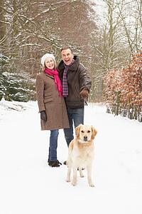 Senior Couple Walking Dog Through Snowy Woodland