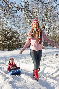 Mother Pulling Daughter On Sledge Through Snowy Landscape