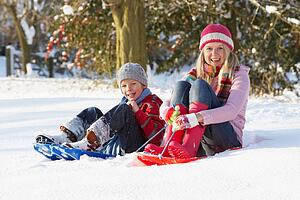 Mother Riding On SledgesThrough Snowy Landscape