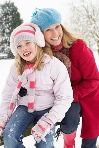Mother And Daughter Standing Outside In Snowy Landscape