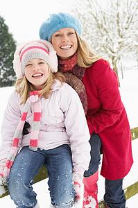 Mother And Daughter Standing Outside In Snowy Landscape