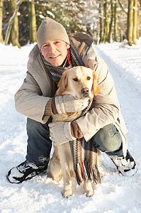 Man Walking Dog Through Snowy Woodland