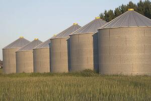 alberta, canada; metal grain bins in a green field