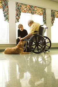 Elderly Man with Woman Petting Dog