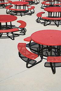 Red Circular Cafeteria Tables