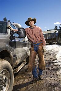 Man Wearing Cowboy Hat Standing Beside Truck