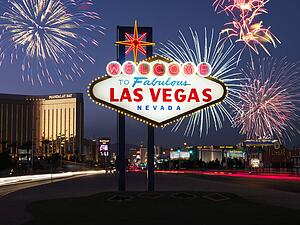 Las Vegas Welcome Sign with Fireworks in Background