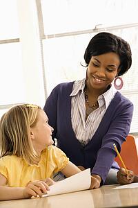 Teacher Smiling and Helping Students With Schoolwork 