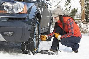 Woman Putting Snow Chains Onto Tyre Of Car