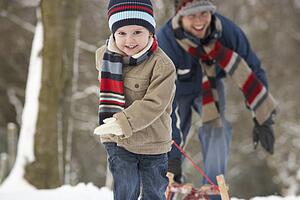 Children Pulling Sledge Through Winter Landscape