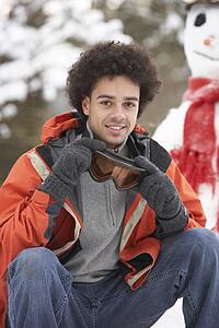 Man Wearing Winter Clothes In Snowy Landscape