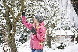 Teenage Girl Hanging Fairy Lights In Tree With Icicles In Foreground