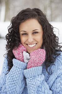 Woman In Snowy Landscape Wearing Warm Clothing