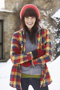 Woman In Snowy Landscape Wearing Warm Clothing