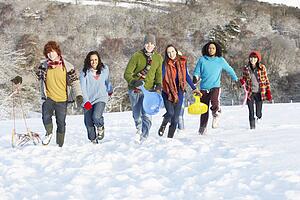 Group Of Teenage Friends Sledging In Snowy Landscape