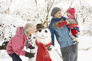 Young Girl With Grandmother And Mother Building Snowman In Garden